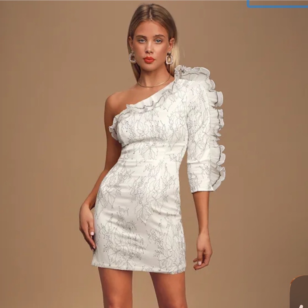 Lulu's Friller Queen White Lace One-Shoulder Ruffled Mini Dress